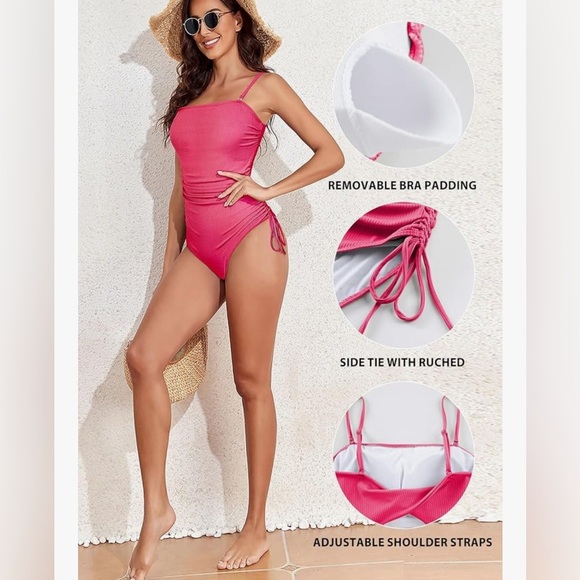 Elegant Ribbed Vibrant Pink
Full coverage 
Ruched & Tie Sides
Removable straps - Picture 5 of 6